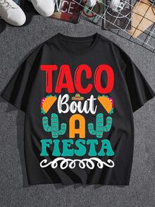Camiseta gráfica para mujer Taco Bout A Fiesta, con un lindo estampado de cactus y sombrero de paja, una blusa informal de manga corta y cuello redondo, y un divertido atuendo para celebrar el Cinco de Mayo. Talla extragrande. - Negro - Ver 3