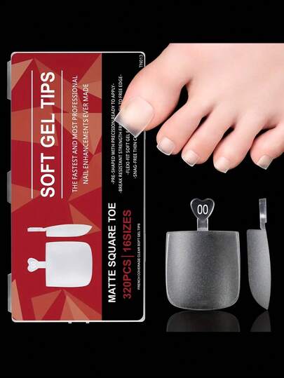 320pcs/Box Transparent Toe Nail Press Ons French Tips Toe Press On Nails 150pcs Square Pre-Designed Soft Gel Thick False Toenail Extension Full Cover Acrylic For DIY Pedicure 16 Sizes