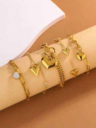 1 pieza Pulsera elegante de acero inoxidable con elementos con forma de corazón, adecuada para que las mujeres la usen a diario, en festivales, fiestas, compromisos, bodas o como regalo para sus seres queridos