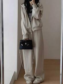 Conjunto deportivo informal con sudadera con capucha para mujer. Estilo Hong Kong a la moda. Pantalones anchos que estilizan y rejuvenecen. Conjunto de dos piezas con capucha para correr - Caqui - Ver 6