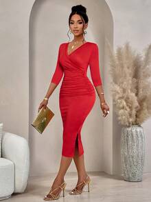 AIJ Amarilo Women's Fashionable Wave Prints Crisscross Wrap Three-Quarter Sleeves V-Neck Ruched Bodycon Dress(Random Print) Elegant Spring - Red - View 5