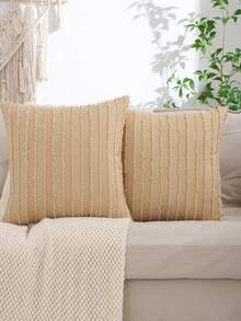 条纹提花枕套，亚麻布，适用于客厅和卧室装饰 - 卡其色 - 查看 10