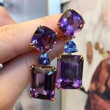 1 Pair Fashion Women Earrings Luxury Purple Rhinestones Zirconia Pendant Earrings For Women Engagement Wedding Jewelry Accessories - 金色 - 查看 4