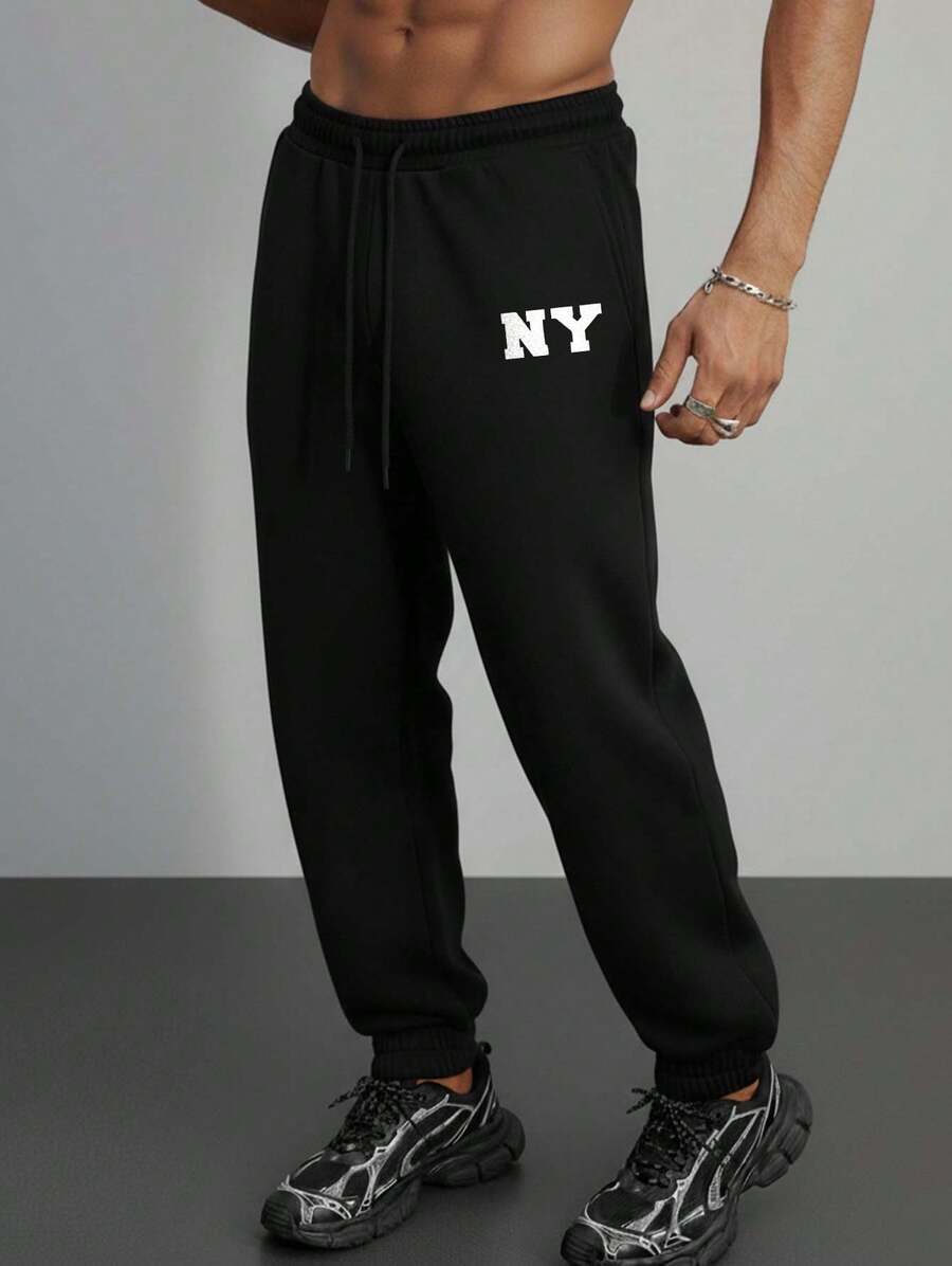 Unisex Printed New York Sweatpants Casual Jogger Pants Comfortable Tie Adjustable Drawstring - 黑色 - 查看 1