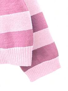 秋季女式条纹宽松套头毛衣，圆领，落肩设计，宽松版型，复古风，韩式休闲，返校季舒适百搭，节日红色毛衣，圣诞节、新年、情人节礼物 - 粉色 - 查看 7