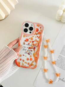 Cream Textured Wavy Edge Gloss Oil Letter Slogan Maple Leaf Painted Anti-Drop Phone Case With Handmade Beaded Bracelet, Compatible With IPhone 17pro/17Air /17/17promax16/11/16pro/16plus/16promax/16e/15Promax/13/14/12/XS/XR/7G/8P, Galaxy S25/S25PLUS/S25 Ultra/A16/A36/A26/A56/A50/A12/A32, 11/12Pro/12/12X/13Pro/14Pro/15Pro/, Redmi 10/9/Note9/12c/Note11pro/Note8Pro