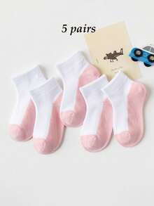 5 Pairs White/Pink Contrast Color Kids Socks, Pink Base Student Mesh Socks For Boys And Girls, Short Socks For Back To School, Christmas