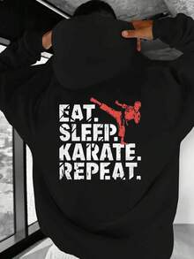 High Kick "EAT SLEEP KARATE REPEAT" Men's Casual Hoodie - Red, Oversized Fit, Long Sleeve, Polyester, Karate-Inspired Design, Machine Washable, Autumn/Winter Wear, Casual Wear Hoodie | Casual Style Hoodie | Glossy Fabric - 黑色 - 查看 1