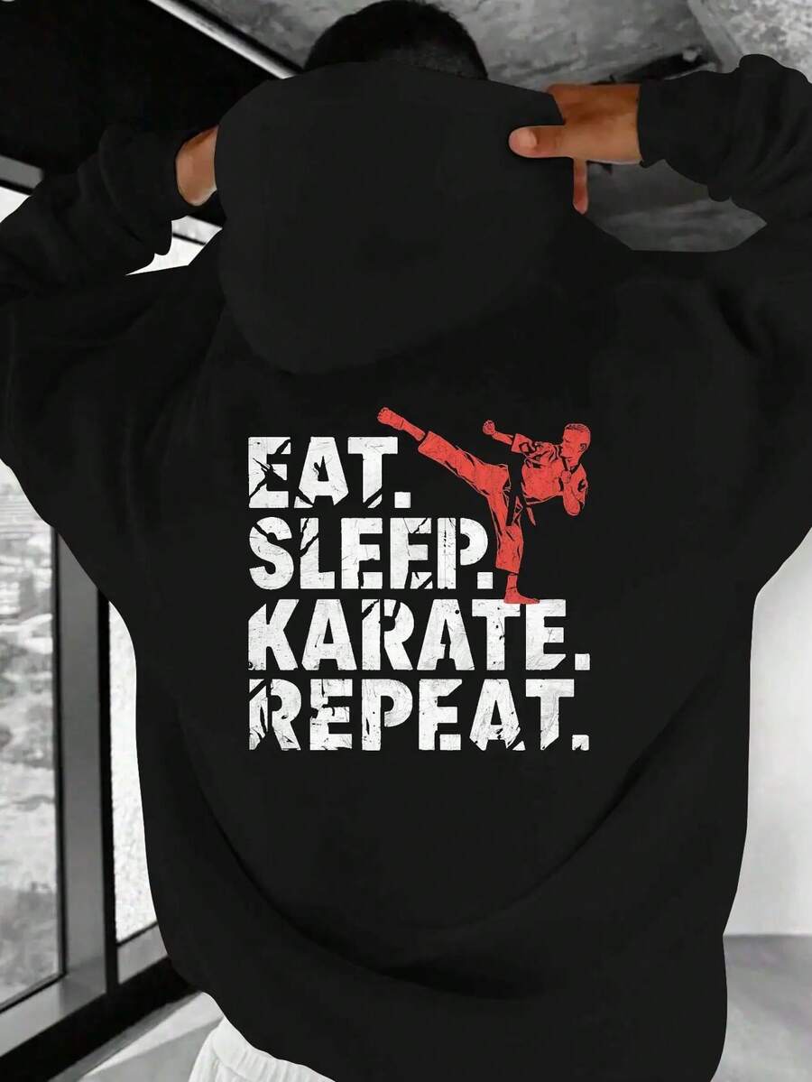High Kick "EAT SLEEP KARATE REPEAT" Men's Casual Hoodie - Red, Oversized Fit, Long Sleeve, Polyester, Karate-Inspired Design, Machine Washable, Autumn/Winter Wear, Casual Wear Hoodie | Casual Style Hoodie | Glossy Fabric - 黑色 - 查看 1