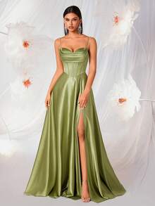 Elisanya Women's Elegant Spaghetti Strap Pleated Fishtail High Waist A-Line Backless Tie Dress - Green - View 9