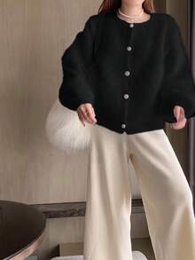 全新秋冬宽松优雅纽扣开衫 - 黑色 - 查看 2
