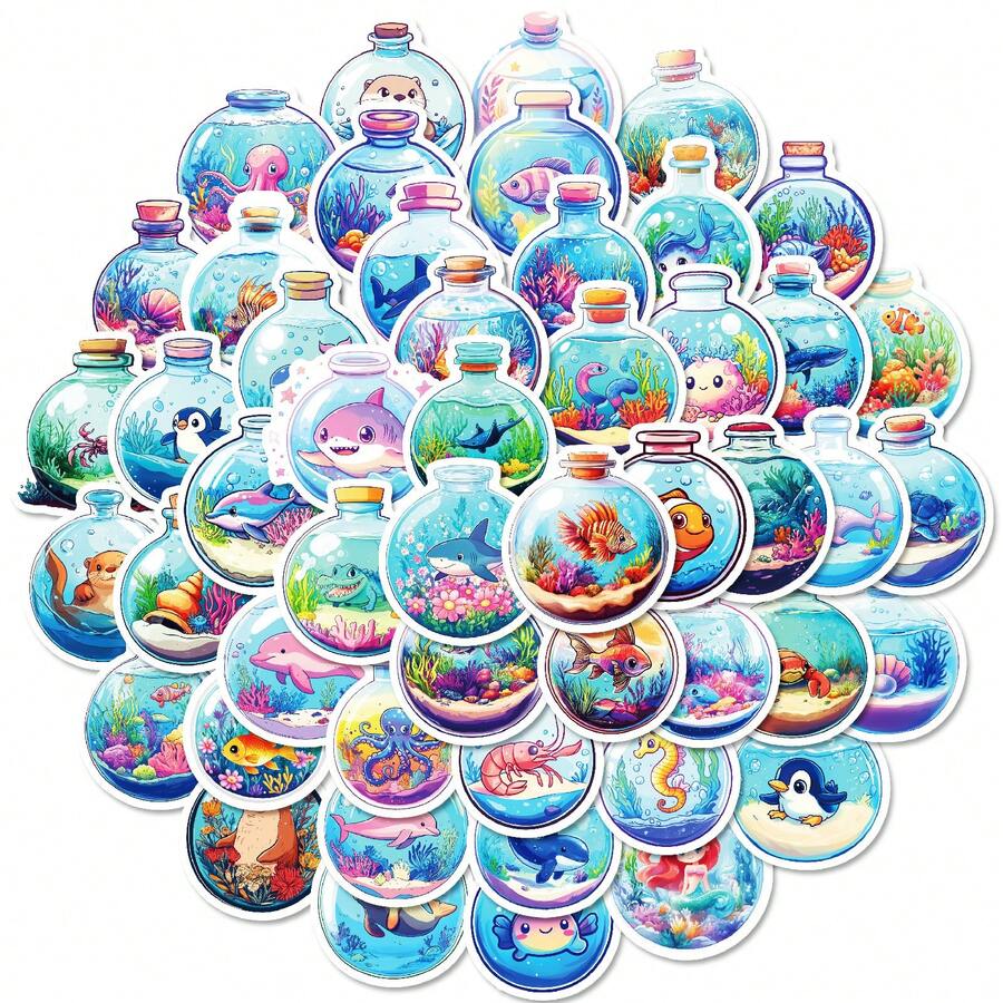 50pcs Cute Bottle Pattern Stickers, Sea Animal Stickers - Waterproof Vinyl Decals For Phones, Tablets, Laptops, Water Bottles And More!