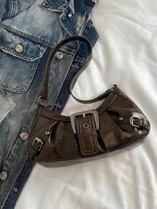 1pc Women Retro Biker Chic Studded Adjustable Strap Crossbody Bag, Large Capacity Soft Gradient Leather Shoulder/Underarm Bag, Suitable For Work, Dating, Parties, Vintage Bag For Women, Halloween Purse Perfect For Fancy Party Halloween Fashion & Gothic Fashion - 棕色 - 查看 2