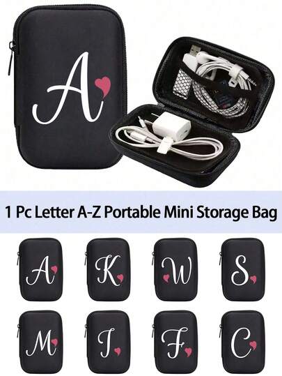 红色爱心图案 A-Z 便携式迷你收纳包，防水防震数码收纳袋，可存放姓名首字母、姓名、Logo、手机充电器、数据线、拉链钱包式收纳盒，适用于数据线、数码设备、电子产品、存储设备、无线耳机、蓝牙耳机等，商务、旅行、学校、大学、办公室等各种场合。