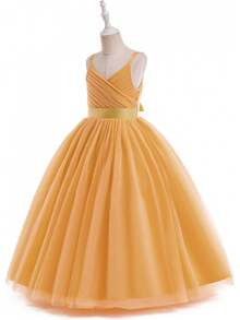 Adolescent Girls' Flower Spaghetti Strap Tulle A-Line Dress For Wedding & Party - V-neck & Mustard Yellow - View 3