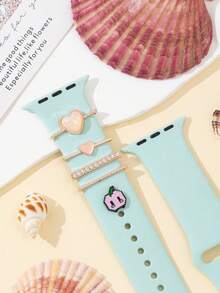 5 Pcs Decorative Pixel Cute Apple With Pearl Heart And Diamond Bling Bling Apple Nail And Ring Loop Jewelry With Apple Watch Band 40mm 41mm 42mm 38mm 44mm 45mm 46mm 49mm, Soft Silicone Sport Flowers Bands With Decorative Compatible With Apple Watch Charms For Series 10 9 8 7 6 5 4 3 2 1 SE For Women