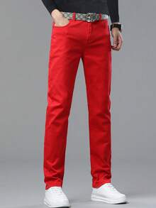 Men's Autumn/Winter Washed Jeans Straight Loose Versatile Pants - 紅色 - 查看 4