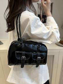 1个简约复古拉链手提包，带口袋，双提手，适合女士日常休闲及通勤使用。 - 黑色 - 查看 3