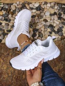 Women's Outdoor Sports Shoes, Wave Stripe Design, Front Lace-Up, Breathable Fabric, Versatile Casual Soft Bottom Sneakers