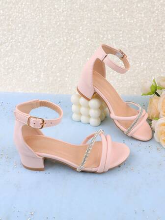 Girls' Mary Jane Princess Dress Shoes, Suitable For Formal Occasions, Performances, Weddings, Parties, Vacations, Cute And Sweet, Comfortable And Versatile High Heel Sandals For Little, Medium And Big Girls, Toddlers, Infants, Fashionable Pink Rhinestone Peep Toe Lightweight Summer Sandals