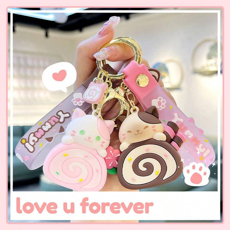 New Cute Cat Cake Roll Cartoon Keychain, Adorable Plush Doll Keyring For Car, Backpack, Small Gift