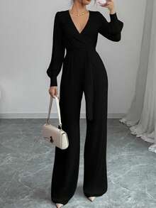 Palazzo mujer elegante envolvente pierna ancha cinturón tira manga abullonada puño verano con elegancia - Negro - Ver 1