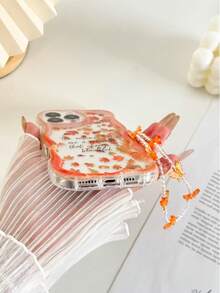 Cream Textured Wavy Edge Gloss Oil Letter Slogan Maple Leaf Painted Anti-Drop Phone Case With Handmade Beaded Bracelet, Compatible With IPhone 17pro/17Air /17/17promax16/11/16pro/16plus/16promax/16e/15Promax/13/14/12/XS/XR/7G/8P, Galaxy S25/S25PLUS/S25 Ultra/A16/A36/A26/A56/A50/A12/A32, 11/12Pro/12/12X/13Pro/14Pro/15Pro/, Redmi 10/9/Note9/12c/Note11pro/Note8Pro