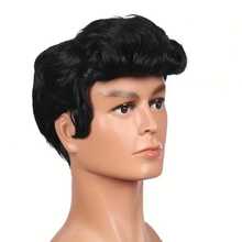 1 szt. Modna męska czarna falowana peruka disco, peruka z włókien chemicznych do cosplayu gwiazdy rocka z lat 50., odpowiednia do noszenia na co dzień, na urodziny, występy, włókno odporne na ciepło, do odgrywania ról, na Halloween, na święta Bożego Narodzenia, na imprezy, festiwale muzyczne, wesela, tańce