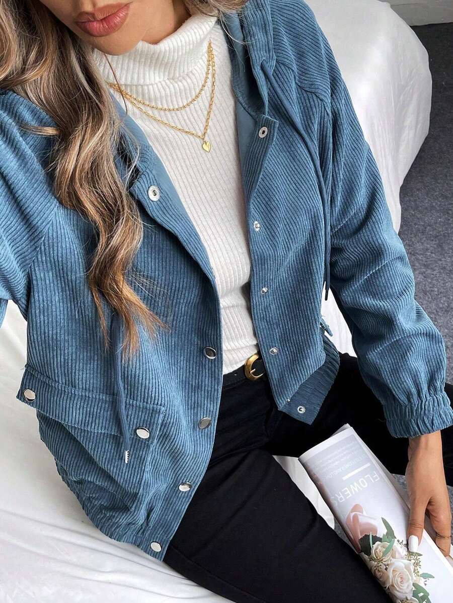 Olstice Apparel Vintage Corduroy Big Pocket Hooded Jacket, Loose Slim Fit Long Sleeve Cardigan Coat, Minimalist Casual Vibe, Ideal For Commute Streetwear Girls' Brunch Early Autumn Outfit - Blue - View 1