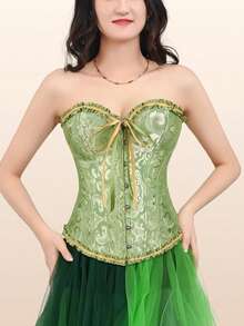 Lacing Corset For Women Lace Boned Overbust Body Shaper Bustier Sexy Satin Black White Brocade Lingeries Shapewear Top Plus Size S-6XL Green - 綠色 - 查看 1