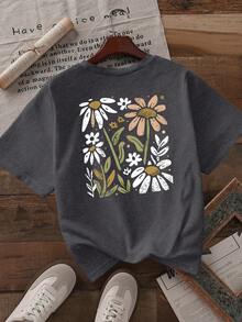 Howell All-Match 时尚女式黑色短袖T恤，手绘雏菊花卉印花，休闲清新夏日度假风 - 深灰色 - 查看 3