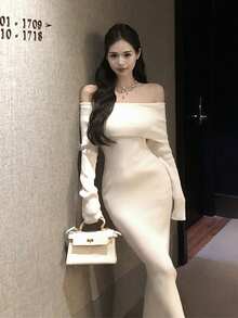 Sexy Tight Off Shoulder Bodycon Mini Dress, Stretchy Knitted Long Sleeve Slim Fitted Dress - White - View 6