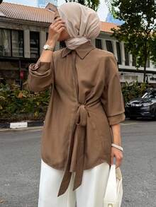 DAZY 系带落肩衬衫，长袖上衣，秋季时尚简约服饰 - 咖啡棕 - 查看 3