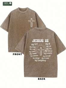 Jesus Is My God" Graphic Cotton T-Shirt - Dual-Sided Washed Retro Faith Design, 230G/ ㎡ , Round Neck, All-Season Casual Wear, Perfect Holiday Gift For Men, Allseason Apparel |   Faithinspired Design |   Cotton FabricRound Neck Cotton Women's T-Shirt - 咖啡色 - 查看 1