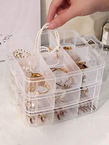 1 件 3 层透明塑料收纳盒、珠宝盒、首饰盒、储物柜、收纳盒、白色、复活节元素、可用于化妆品、珠宝、玩具、袜子等、带手柄多隔层元件盒电子零件螺丝配件工具分类网格防尘大容量发饰耳环项链珠子工艺用品盒、情人节礼物、圣诞节礼物返校