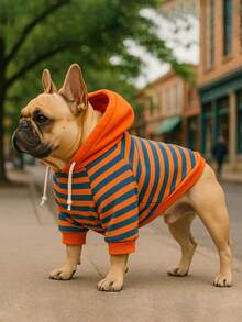 1 件基本款条纹宠物连帽衫，带精致皮革标签，适合中小型犬，柔软舒适的法国斗牛犬幼犬服装 - 橘色 - 查看 15