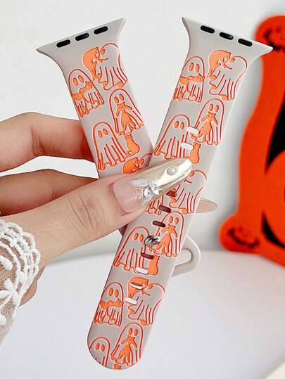 1 szt. Dwukolorowy grawerowany silikonowy pasek do zegarka z motywem ducha i kota na Halloween, kompatybilny z paskiem 38 mm 40 mm 41 mm 42 mm 44 mm 45 mm 49 mm (S10 42) mm (S10 46) mm, Modne miękkie silikonowe paski do zegarków sportowych kompatybilne z serią Ultra 2 S10 SE 9 8 7 SE 6 5 4 3 2 1, Eleganckie akcesoria do zegarków damskich, Pasek/pasek do smartwatcha, Unikalny, spersonalizowany i stylowy pasek