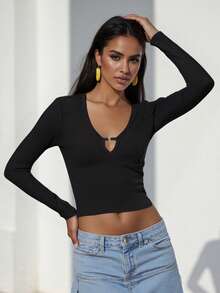 Women Solid Long Sleeve Shirts Slim Fit Deep V Neck Cut Out Crop Tops For Spring Fall Streetwear - Black - View 4