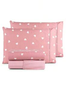 Printed Bed Sheet Set 4 Pieces 100% COTTON Single Double Queen King Palito Stitch - 粉紅心白 - 查看 2
