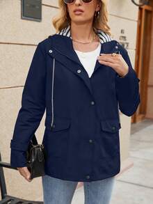 Plus Size Women's Long Hooded Raincoat, Lightweight Casual Rainwear, Full Zip, Suitable For Hiking And Outdoor Activities - Navy Blue - View 5