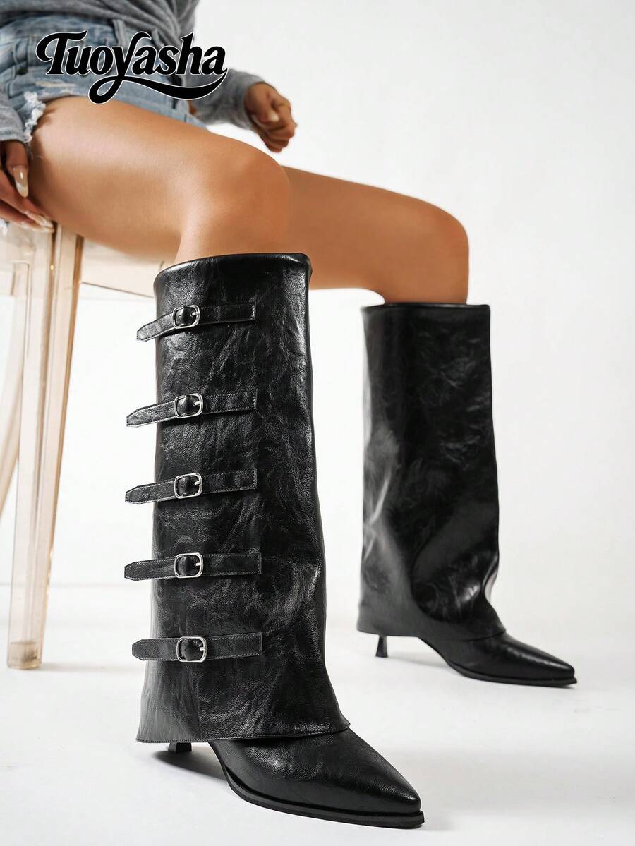 尖头细高跟鞋皮革材质金属扣装饰多功能舒适时尚高跟款式马靴、及膝靴、户外靴、裤腿靴、靴子、褶皱靴，适合音乐节和万圣节