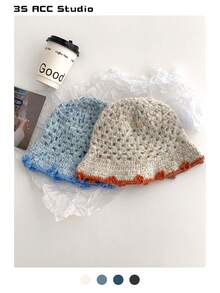 1 件复古提花针织渔夫帽，适合女士，春夏季，百搭，小脸框架渔夫帽，粉色条纹撞色手工秋季配饰