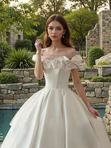 1pc White Off Shoulder Rufyhe Satin BAll Gown Wedding Dress, Elegant Bridal Gown With Train, All Seasons, HAlloween Gift, Elegant And Comfortable, Suitable For Wedding,Party, Singles' Party,Vacation,Bride,Formal Occasions,Dinner Dress,Prom Dress,Homecoming Dress,Cocktail Party,Birthday Party - 白色 - 查看 4