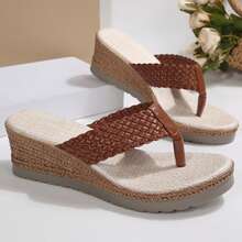 Womens Slides Summer Sandals Braided Flip Flops Open Toe - Brown - View 3