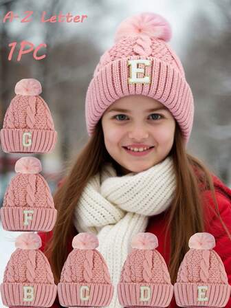 1PC Winter Warm Hats Personalized Girls Knitted Hat Children 26 Letter Beanie Cap New Winter Twist Knitting Hat Fur Pompom Thick Plush Cap Beanie Solid Color Warm Ski Snow Skullies Beanies