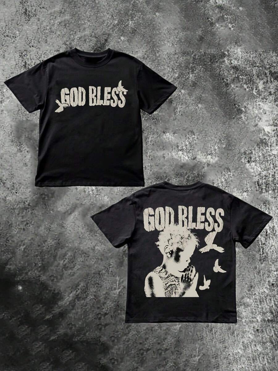 Black T - Shirt With God Bless And Praying Child Graphic,220g Cotton Casual Double-Sided Printed T-Shirt Crew Neck Pullover Short Sleeve - 黑色 - 查看 1