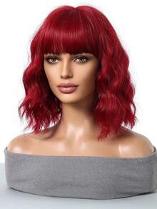 14英寸短款波浪红色假发，女士耐热自然波浪假发，带夹子，适合初学者，适用于万圣节和圣诞节 - 紅色 - 查看 4