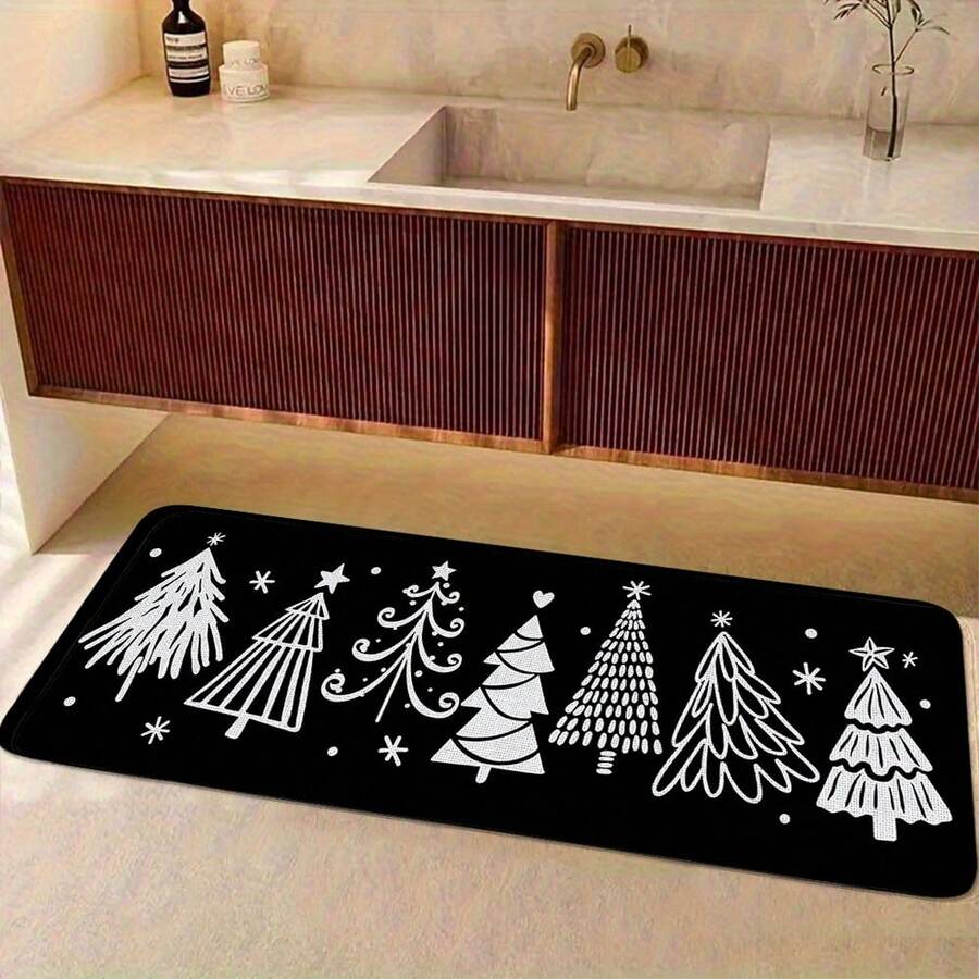 1pc Christmas Bathroom Mat, Minimalist Style Black Christmas Tree Bathroom Mat, Anti-Slip Christmas Bathroom Decorative Floor Mat, Thickened Flannel Material Soft, Comfortable, Easy To Clean, Suitable For Bathroom Door, Washbasin, In Front Of Bathtub, Decorating The Room