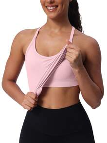 Camisetas sin mangas para entrenamiento para mujer, sujetadores incorporados, camisetas sin mangas deportivas con espalda cruzada y relleno, camisetas de yoga acanaladas - Rosa claro - Ver 9
