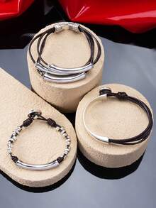 1PC New Simple And Fashionable Street Y2K Asymmetric Design Multi Layer Stacked Leather Rope Bracelet Beaded Bracelet, Suitable For Men And Women's Daily Leisure Matching, Suitable For Autumn And Winter Halloween Parties And Birthday Gifts